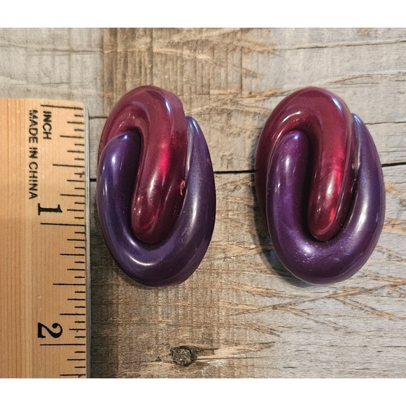 VINTAGE Statement Earrings Purple & Red Interlocking Loop Design Fashion Jewelry - Picture 12 of 16